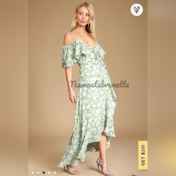 Nwt Lulu's S Green Floral Print Cold Shoulder Wrap Dress - Picture 3 of 14